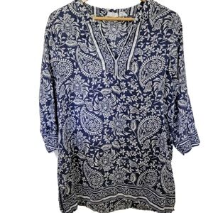 Sigrid Olsen Blue Floral Paisley 100% Linen V-Neck 3/4 Sleeve Tunic Cover-Up